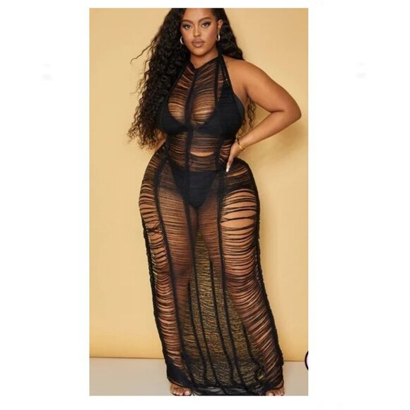 PRETTYLITTLETHING Plus Black Tassel Knit Beach Dress NWT US XXL Coverup - Picture 2 of 5